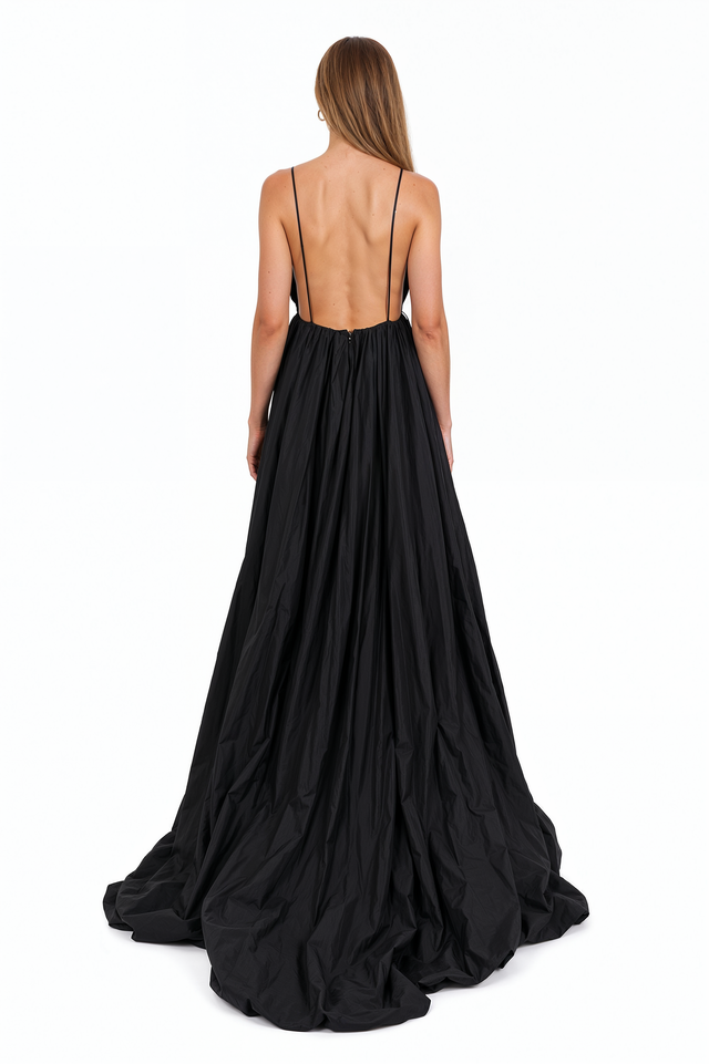 Valentino black silk faille evening gown with plunging deep V-neckline, spaghetti straps, open back and full floor-length skirt