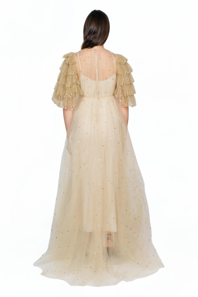 Valentino Gold Sequined Tulle Gown with Statement Sleeves