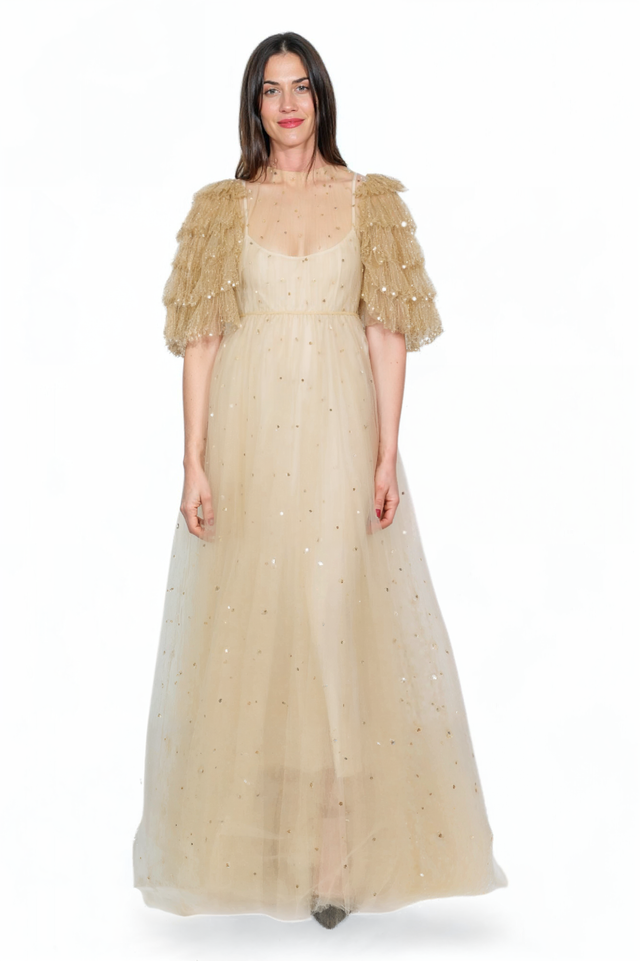 Valentino Gold Sequined Tulle Gown with Statement Sleeves