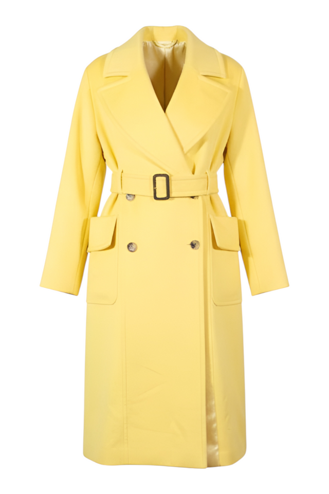 Valentino Double-Breasted Belted Coat — Lemon Yellow