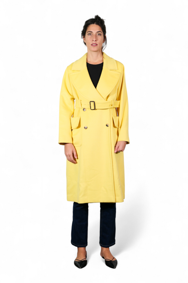 Valentino Double-Breasted Belted Coat — Lemon Yellow