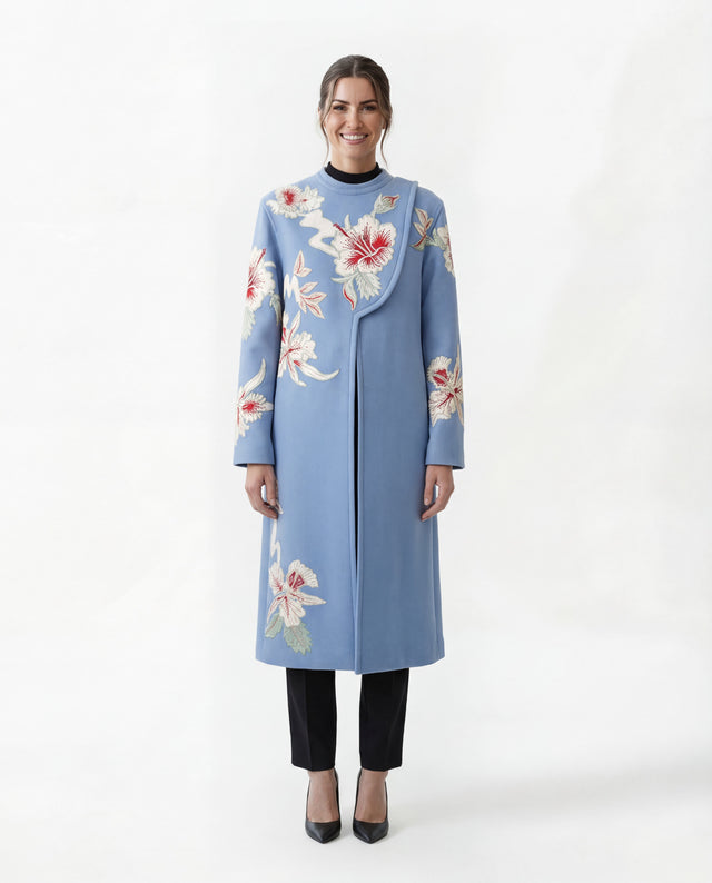 Valentino Light Blue Floral Embroidered Long Coat