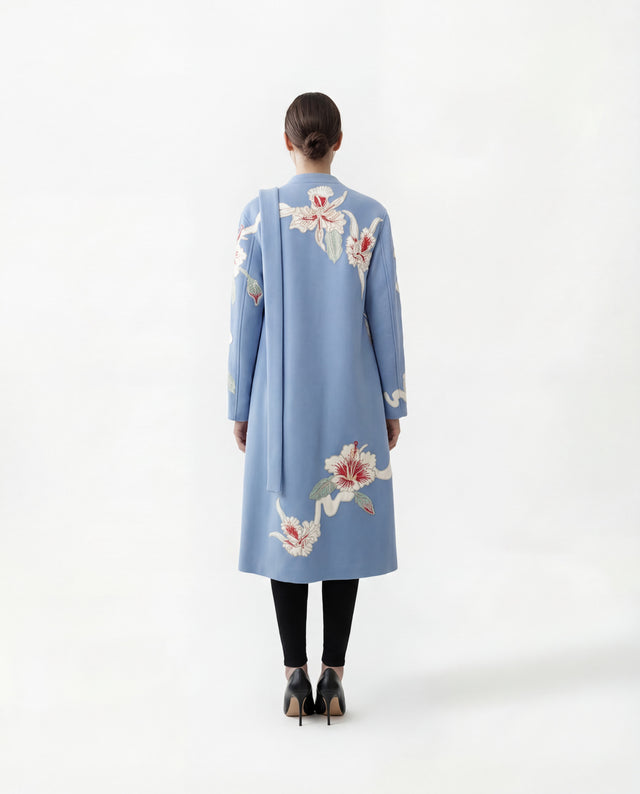 Valentino Light Blue Floral Embroidered Long Coat