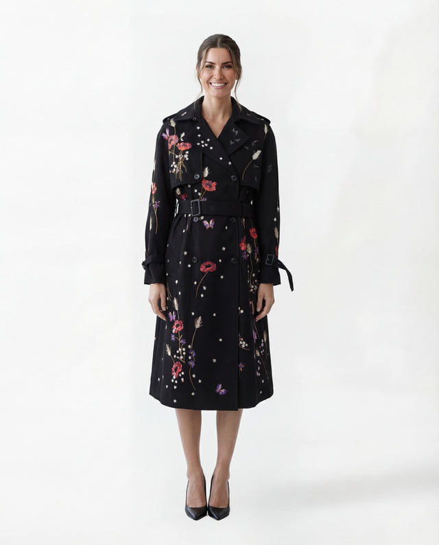 Valentino Black Floral Embroidered Belted Trench Coat