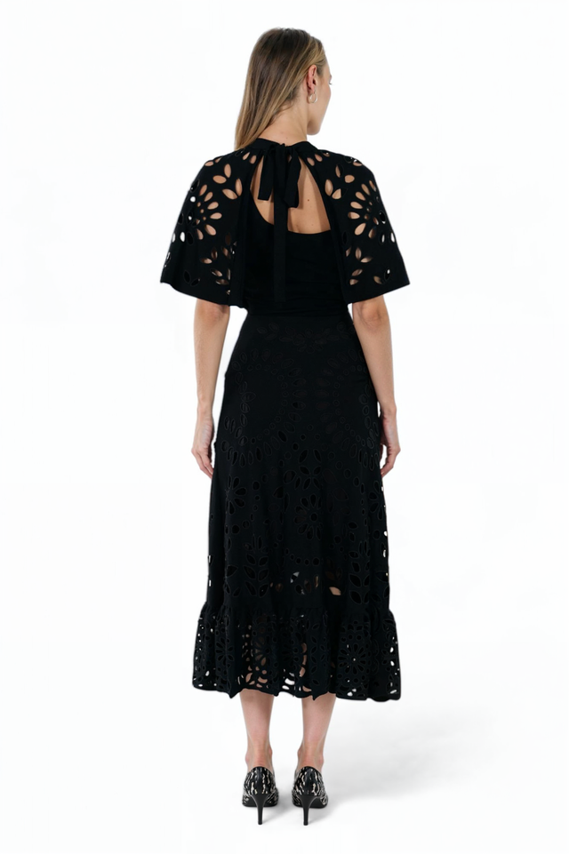 Valentino Black Eyelet Midi Dress with Flounce Hem