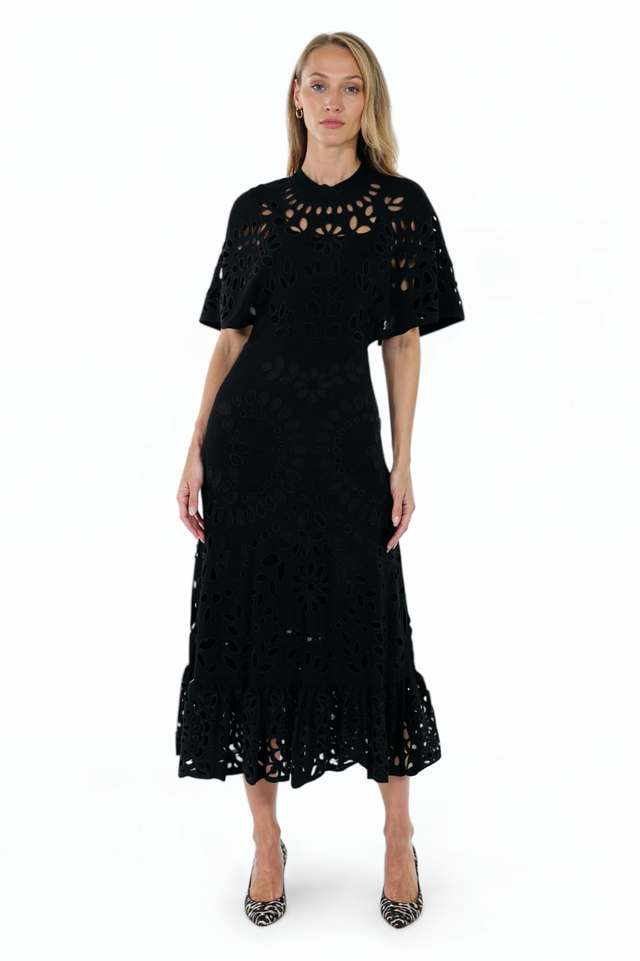 Valentino Black Eyelet Midi Dress with Flounce Hem