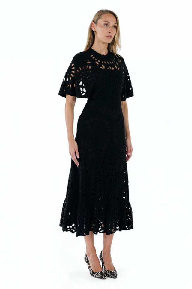 Valentino Black Eyelet Midi Dress with Flounce Hem