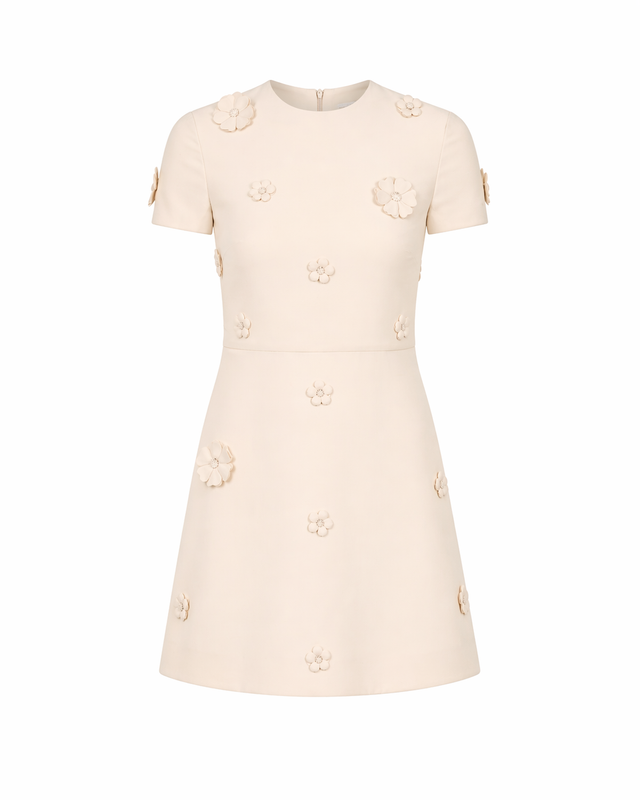 Valentino Mini Dress with 3D Floral Appliqué in Beige