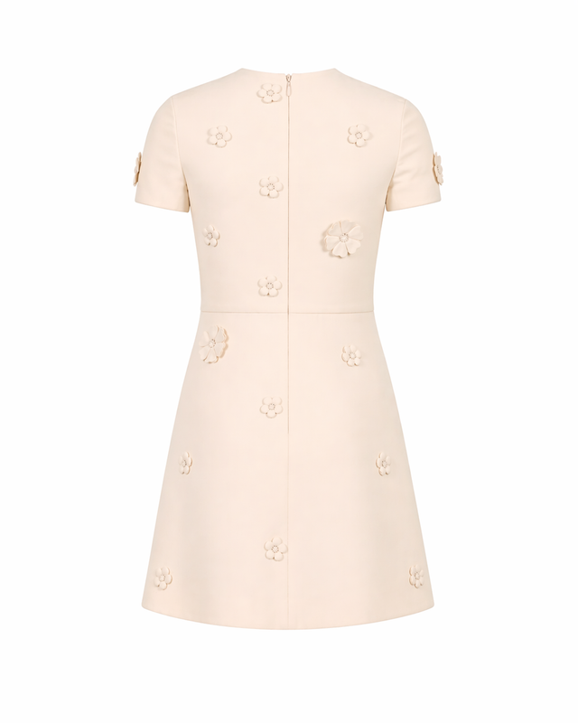 Valentino Mini Dress with 3D Floral Appliqué in Beige