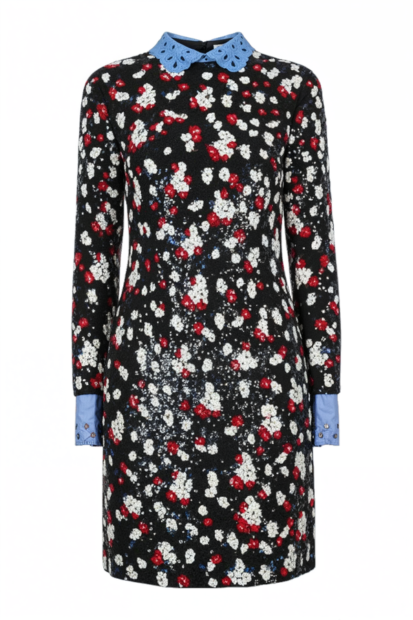 Valentino Sequin Floral Mini Dress with contrast sky-blue collar and cuffs