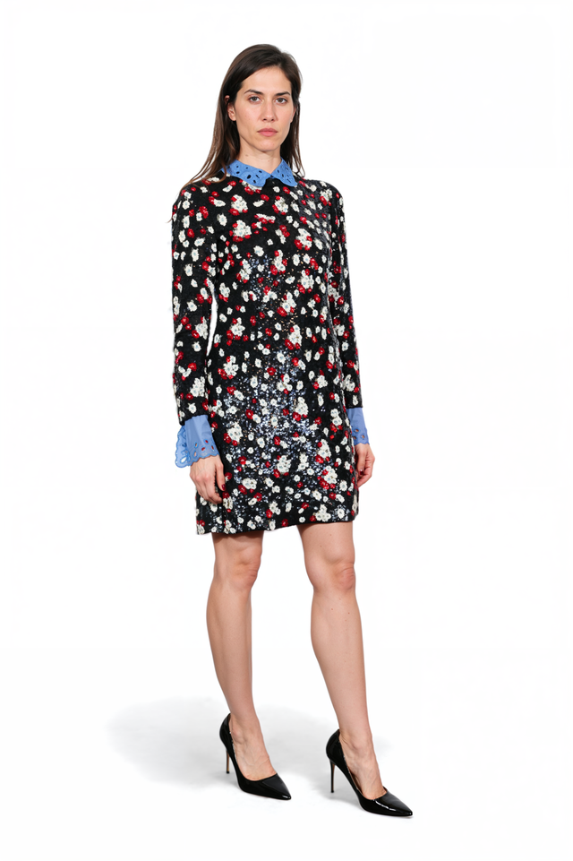 Valentino Sequin Floral Mini Dress with Contrast Collar & Cuffs