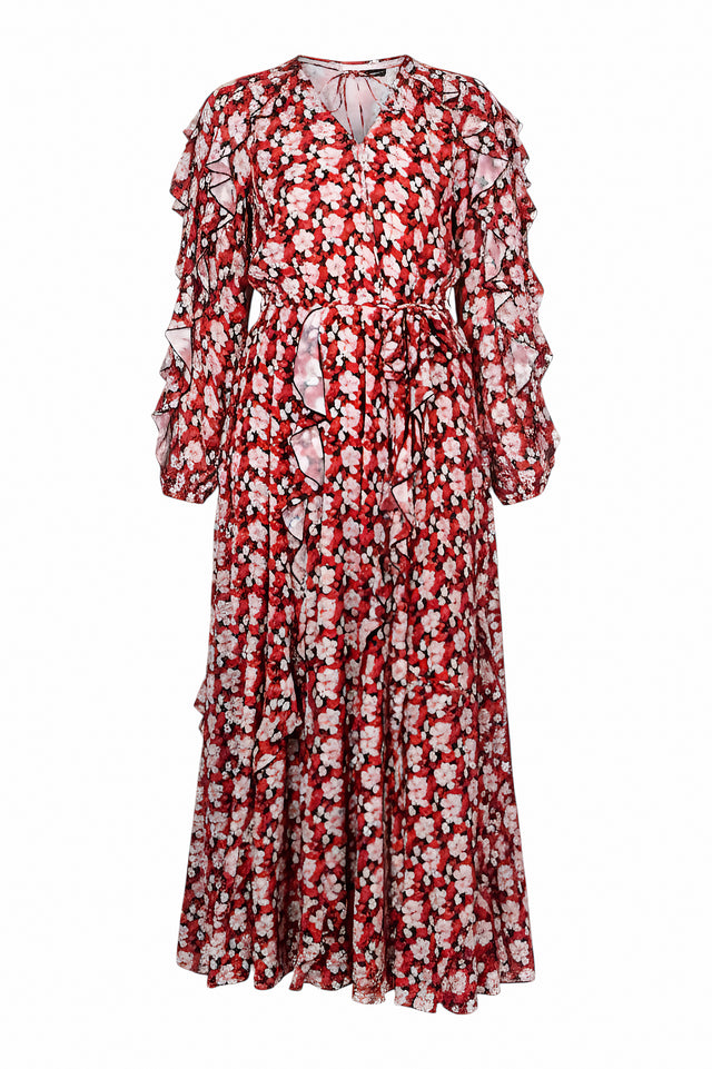 Valentino Red Floral Ruffle Maxi Dress