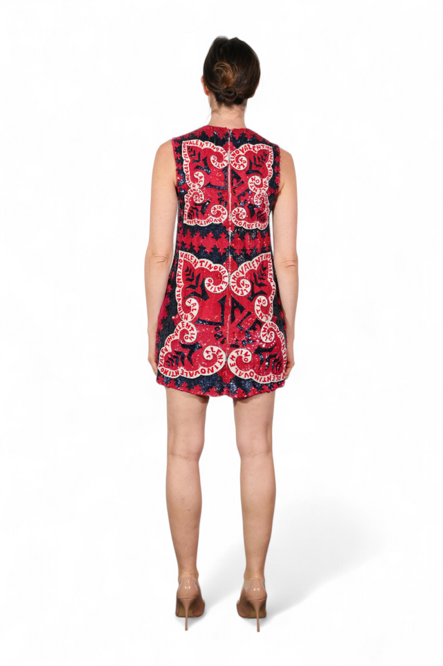Valentino Embroidered Mini Dress with Abstract Logo Motif — Red & Black