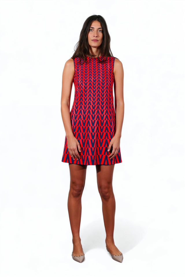 Valentino Red & Navy V-Print Mini Dress