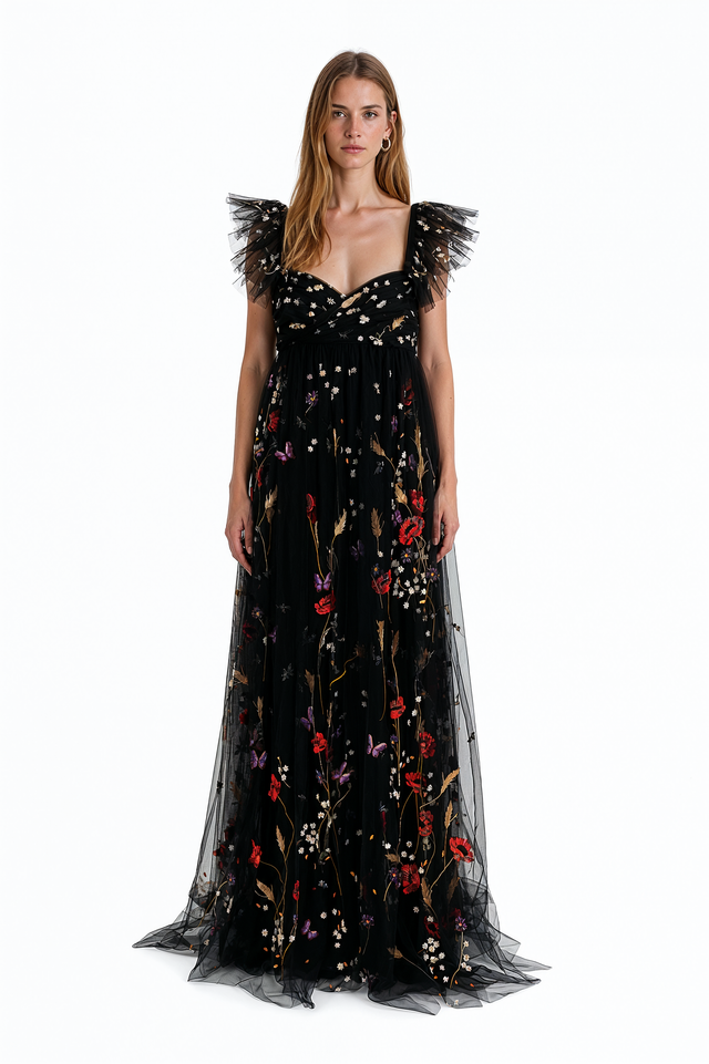 Valentino Floral Embroidered Tulle Flutter-Sleeve Gown