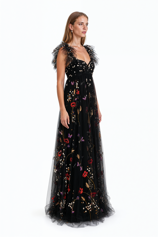 Valentino Floral Embroidered Tulle Flutter-Sleeve Gown