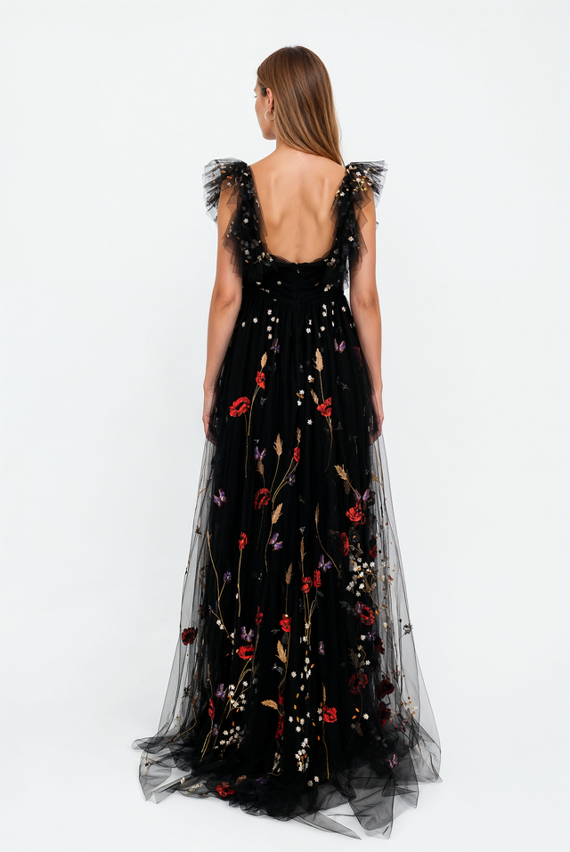 Valentino Floral Embroidered Tulle Flutter-Sleeve Gown