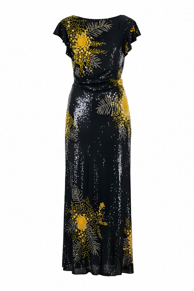 Valentino Sequin Floral Embellished Gown in Black and Gold