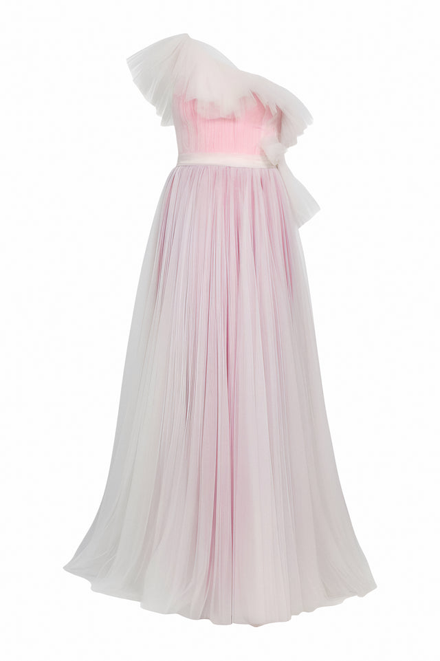 Valentino One-Shoulder Tulle Gown in Pink and White