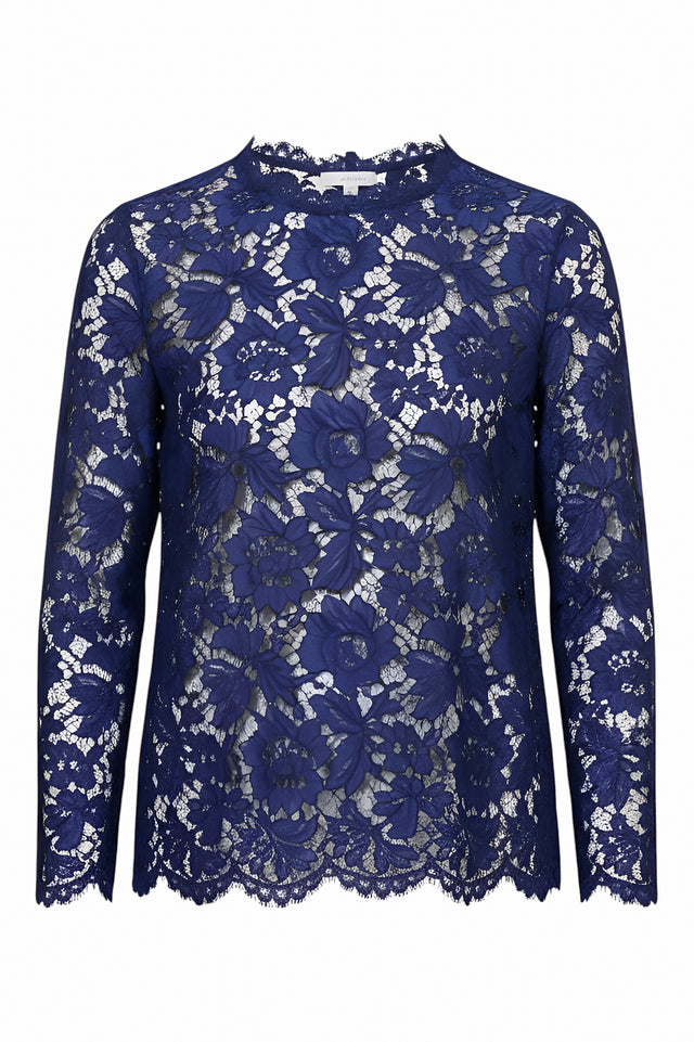Valentino Navy Floral Lace Long Sleeve Blouse