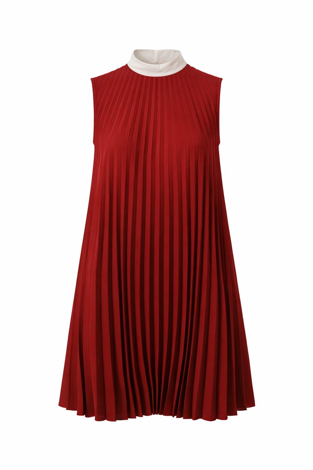 Red Valentino Pleated Sleeveless Mini Dress with Contrast Collar in Red