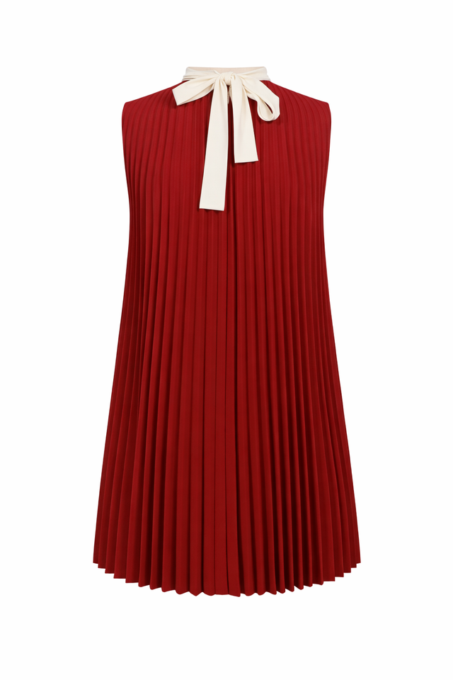 Red Valentino Pleated Sleeveless Mini Dress with Contrast Collar in Red