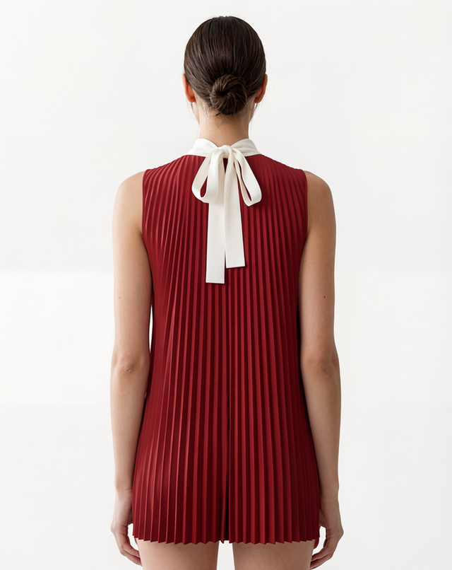 Red Valentino Pleated Sleeveless Mini Dress with Contrast Collar in Red