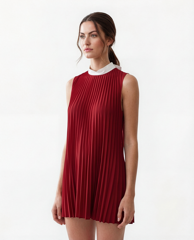 Red Valentino Pleated Sleeveless Mini Dress with Contrast Collar in Red