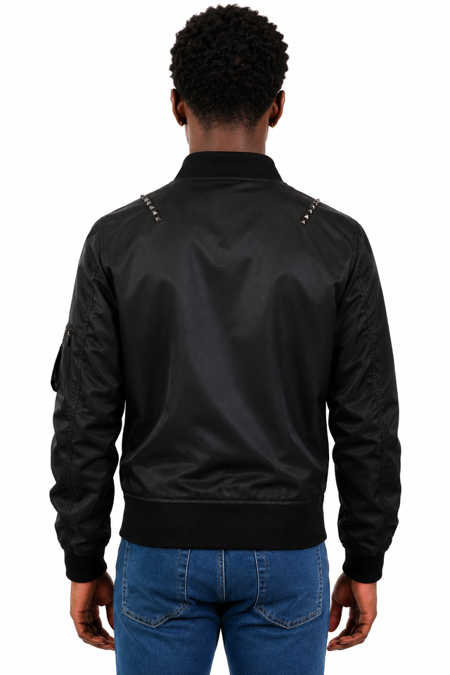 Valentino Rockstud Untitled Nylon Bomber Jacket in Navy & Black