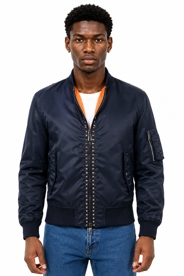 Valentino Rockstud Untitled Nylon Bomber Jacket in Navy & Black