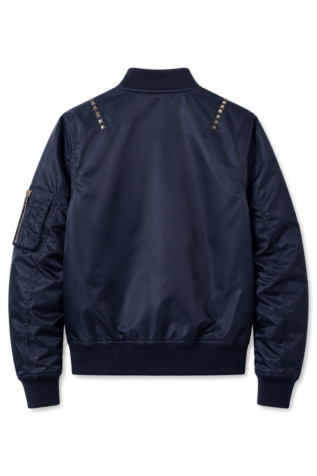 Valentino Rockstud Untitled Nylon Bomber Jacket in Navy & Black