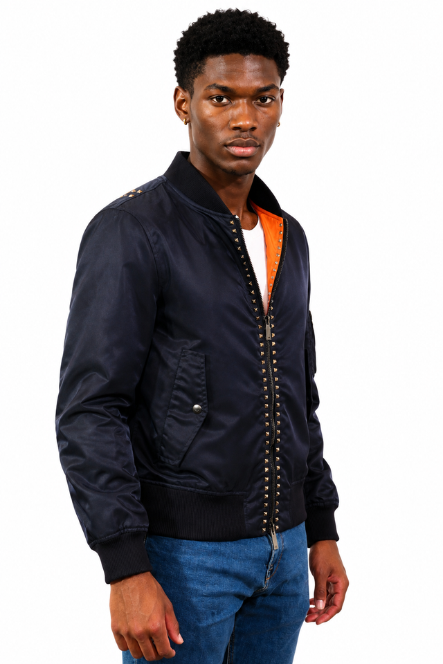 Valentino Rockstud Untitled Nylon Bomber Jacket in Navy & Black