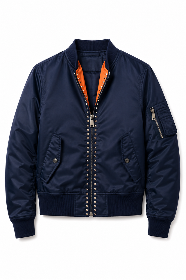 Valentino Rockstud Untitled Nylon Bomber Jacket in Navy & Black