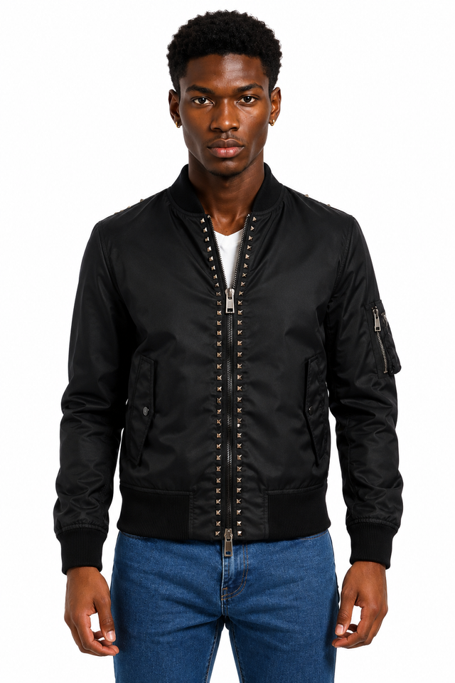 Valentino Rockstud Untitled Nylon Bomber Jacket in Navy & Black
