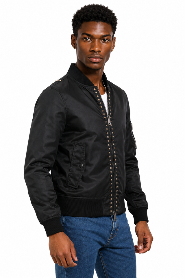 Valentino Rockstud Untitled Nylon Bomber Jacket in Navy & Black