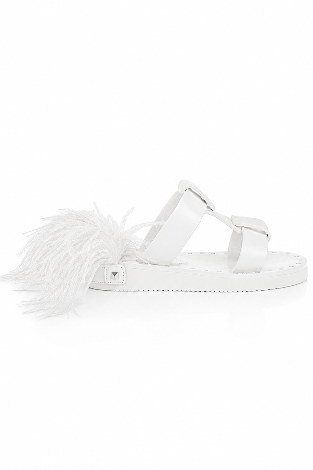 Valentino Garavani Feather-Detail Flat Sandals – Black & White