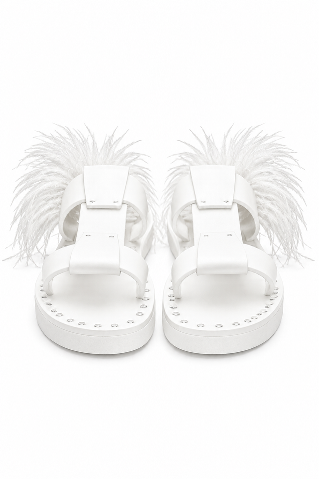 Valentino Garavani Feather-Detail Flat Sandals – Black & White