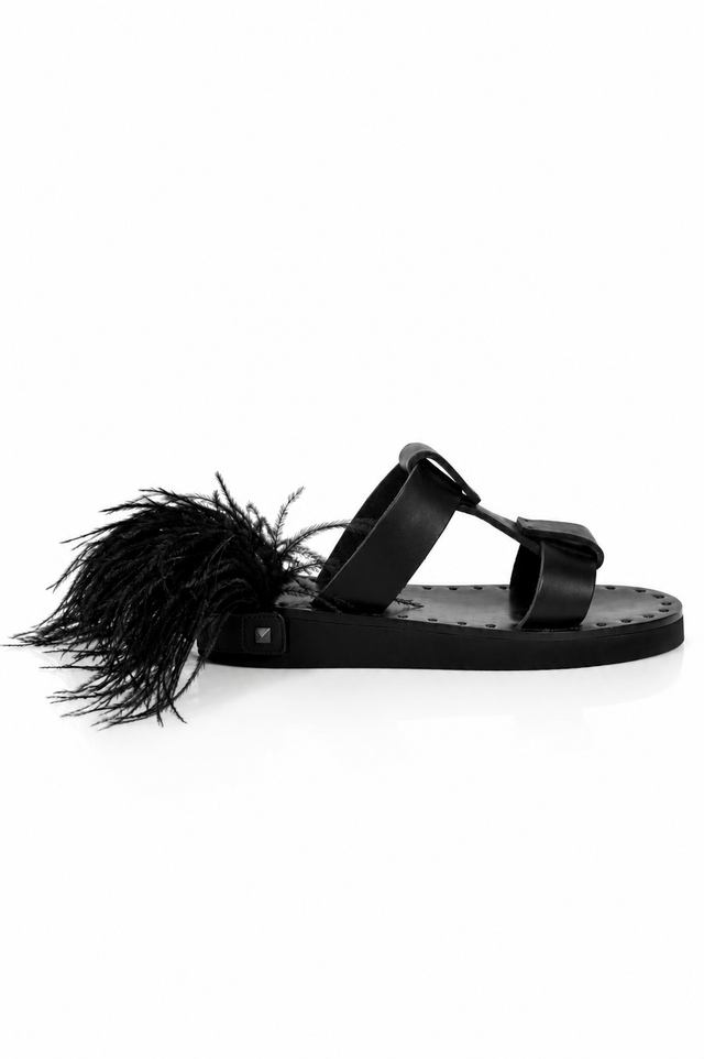 Valentino Garavani Feather-Detail Flat Sandals – Black & White
