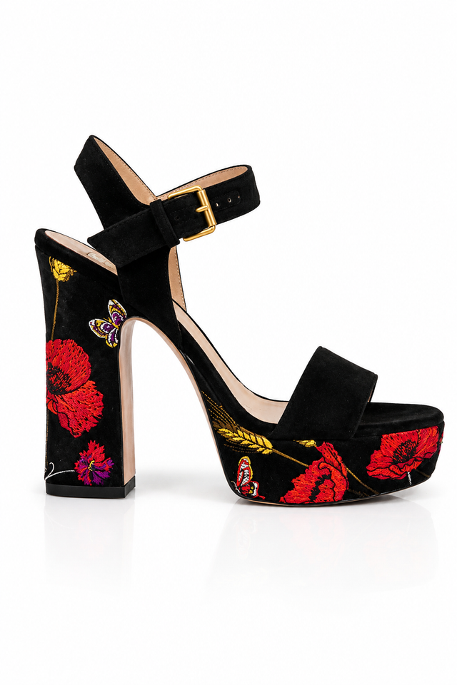 Valentino Garavani Embroidered Platform Sandals in Black Suede
