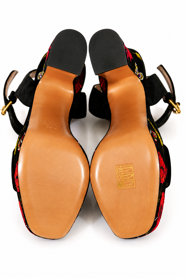 Valentino Garavani Embroidered Platform Sandals in Black Suede