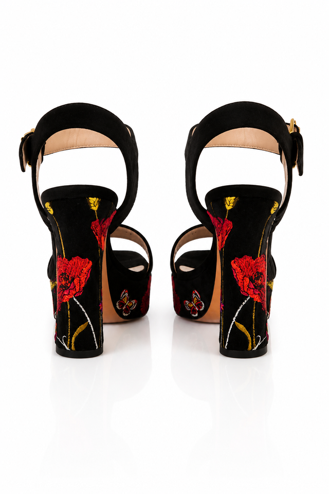 Valentino Garavani Embroidered Platform Sandals in Black Suede