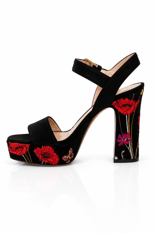 Valentino Garavani Embroidered Platform Sandals in Black Suede
