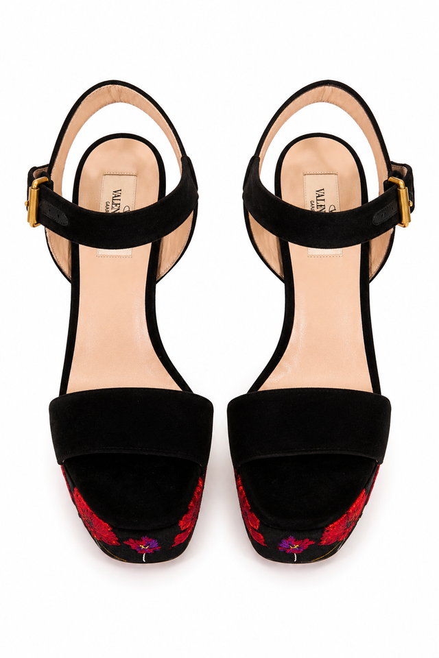 Valentino Garavani Embroidered Platform Sandals in Black Suede