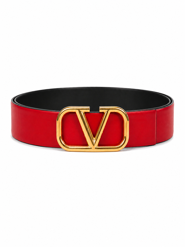 Valentino Garavani VLogo Signature Reversible Leather Belt 40mm Tan/Black & Red/Black Gold Buckle