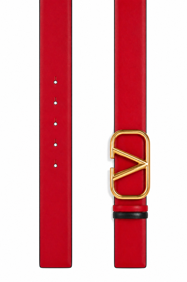 Valentino Garavani VLogo Signature Reversible Leather Belt 40mm Tan/Black & Red/Black Gold Buckle