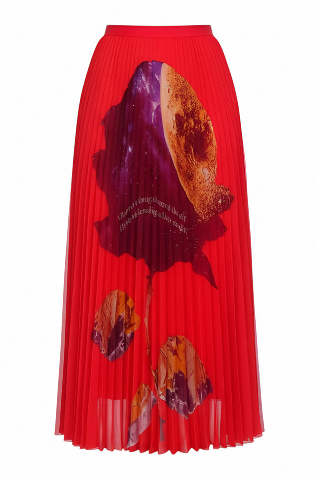 Valentino Red Pleated Midi Skirt with Celestial Rose Print