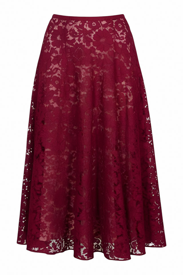 Valentino Burgundy Lace A-Line Midi Skirt