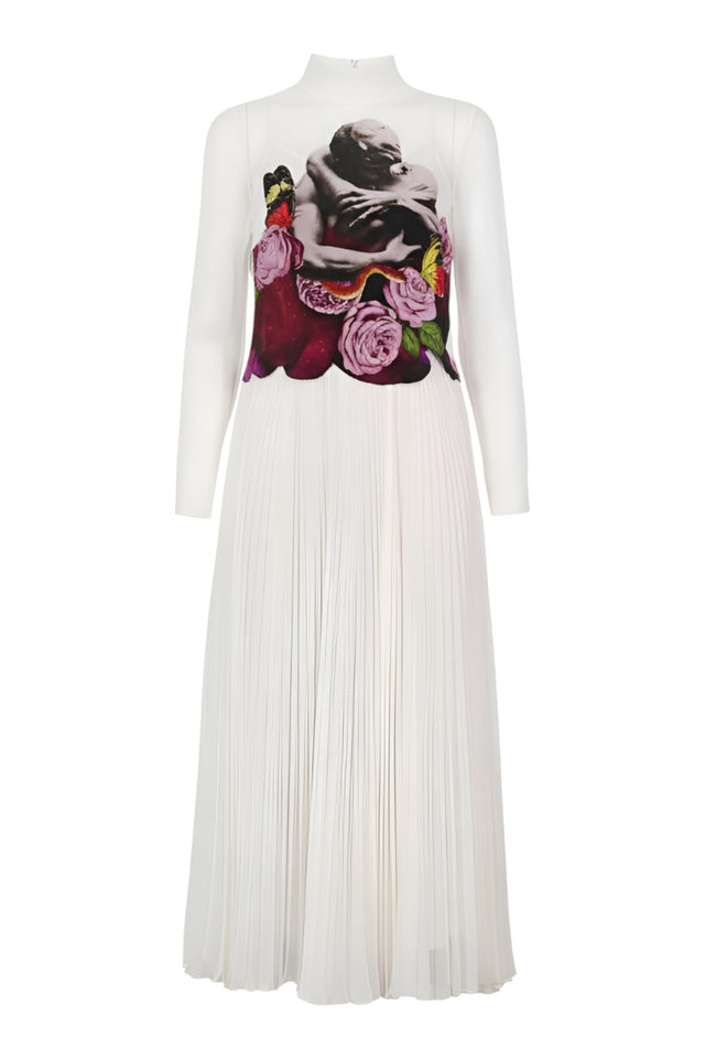 Valentino Sheer Pleated Maxi Dress with Renaissance Print — Ivory & Rose