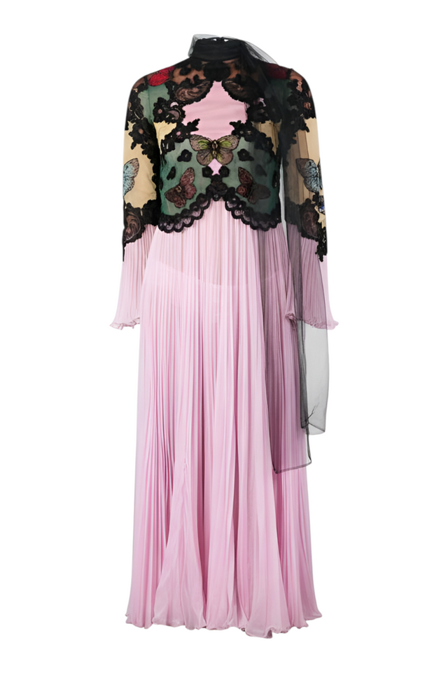 Valentino Butterfly Embroidered Pleated Gown — Pink & Black