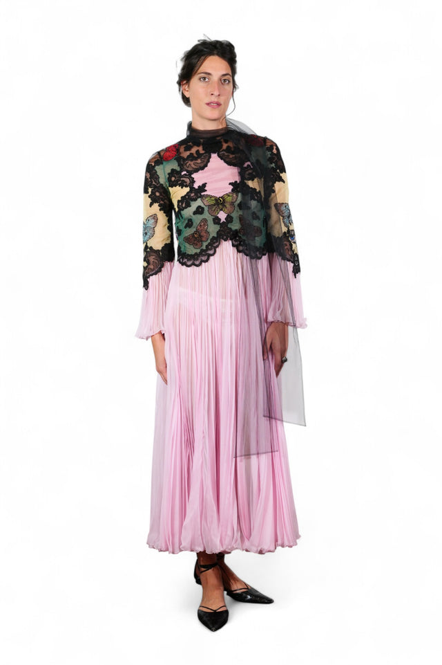 Valentino Butterfly Embroidered Pleated Gown — Pink & Black